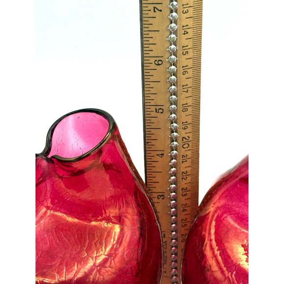 Art Glass Blenko? Pinched Vase Crackle Vintage Red Gold Florescent /Set of 2/dmg - Picture 8 of 8